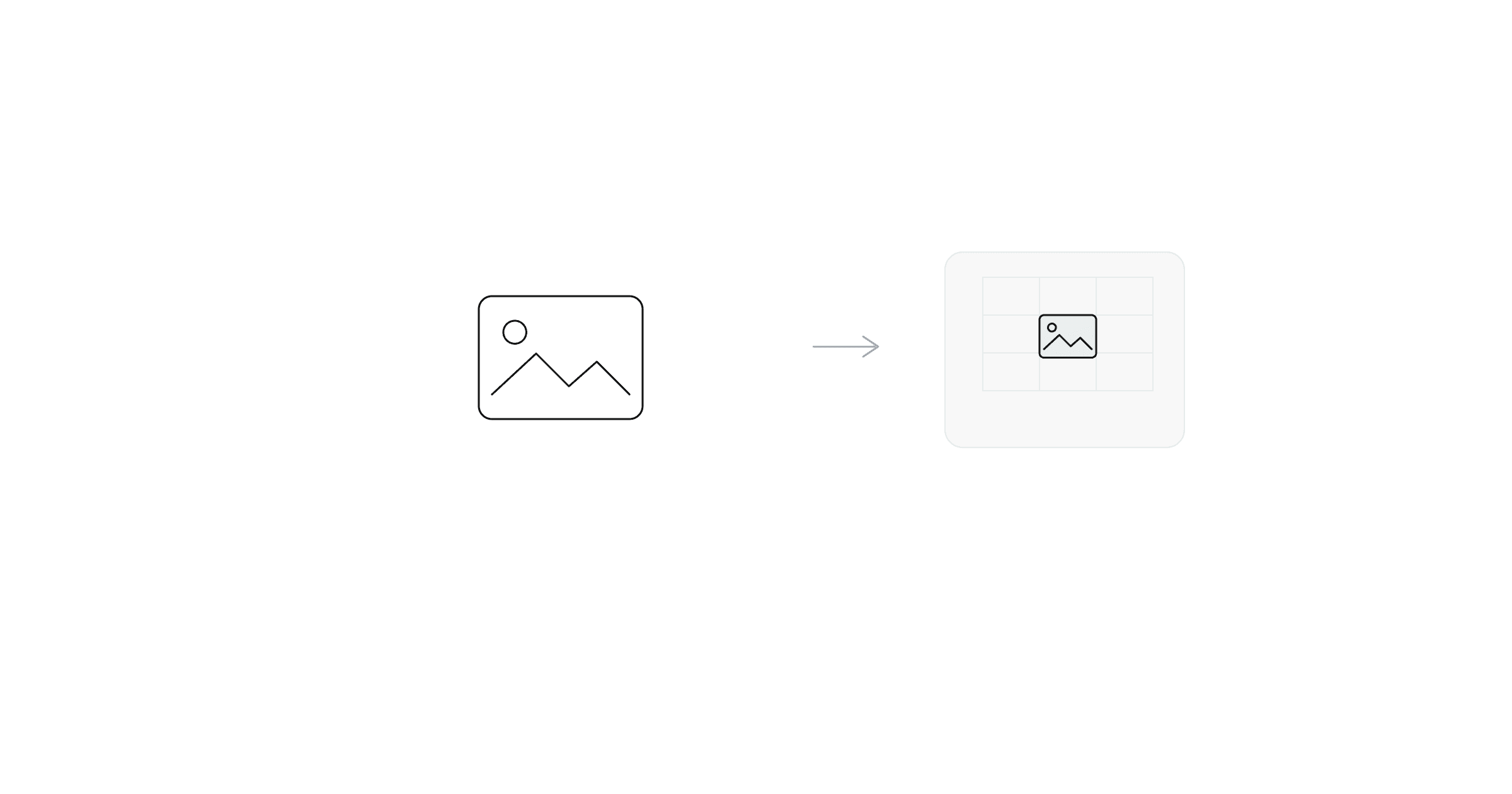 A photo icon dropping into a spreadsheet cell, illustrating an image embedded in Excel