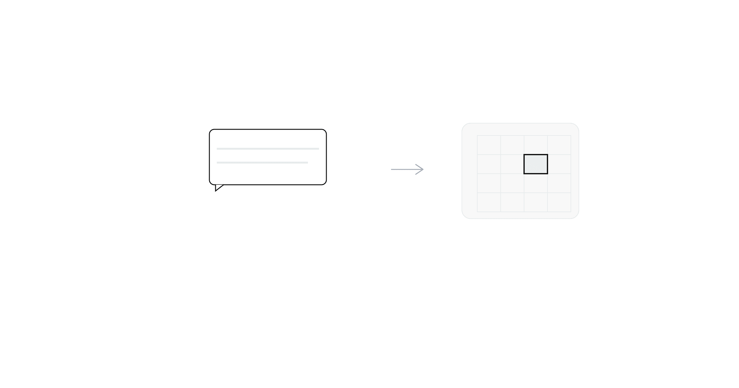 A chat bubble turning into a highlighted spreadsheet cell, illustrating Copilot output landing in a worksheet