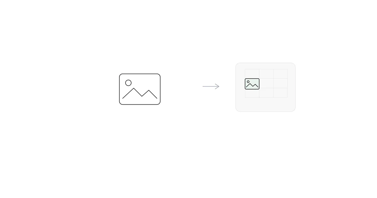 A photo icon dropping into a Google Sheets cell, illustrating an inserted image